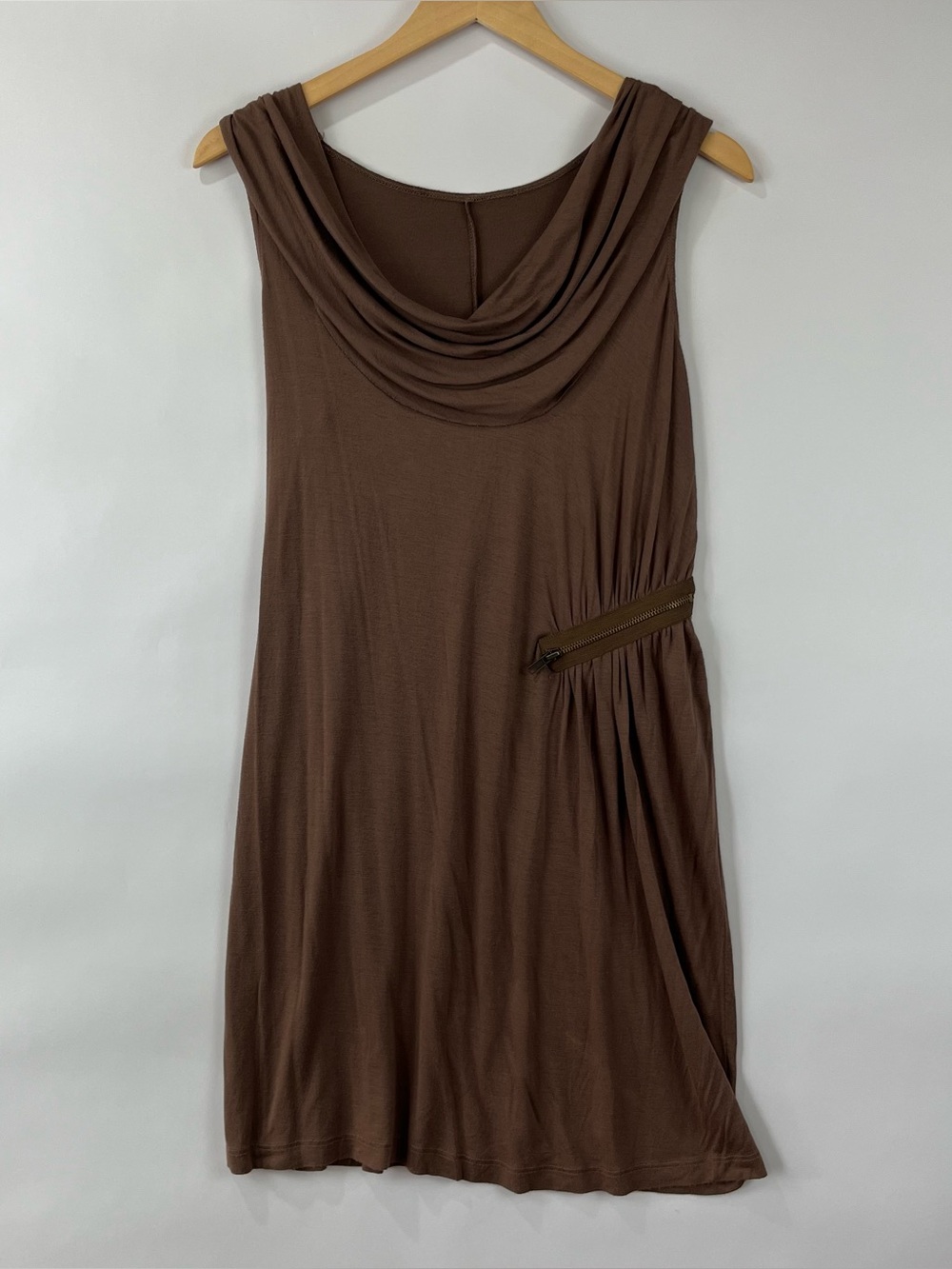 Cowl Neck Jersey Knit Dress Soft Stretch Side Zip Minimalist Casual